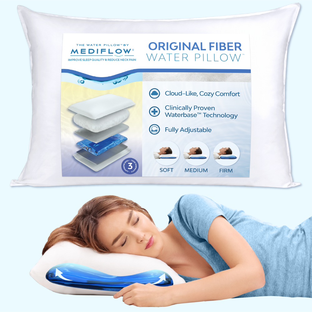 Mediflow Original Fiber Water Pillow with packaging and a person using it.