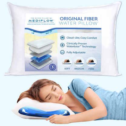 Mediflow Original Fiber Water Pillow with packaging and a person using it.
