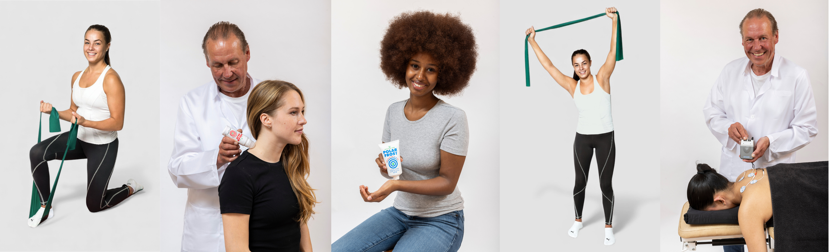 Collage of people using resistance bands and engaging in physical activities on a white background