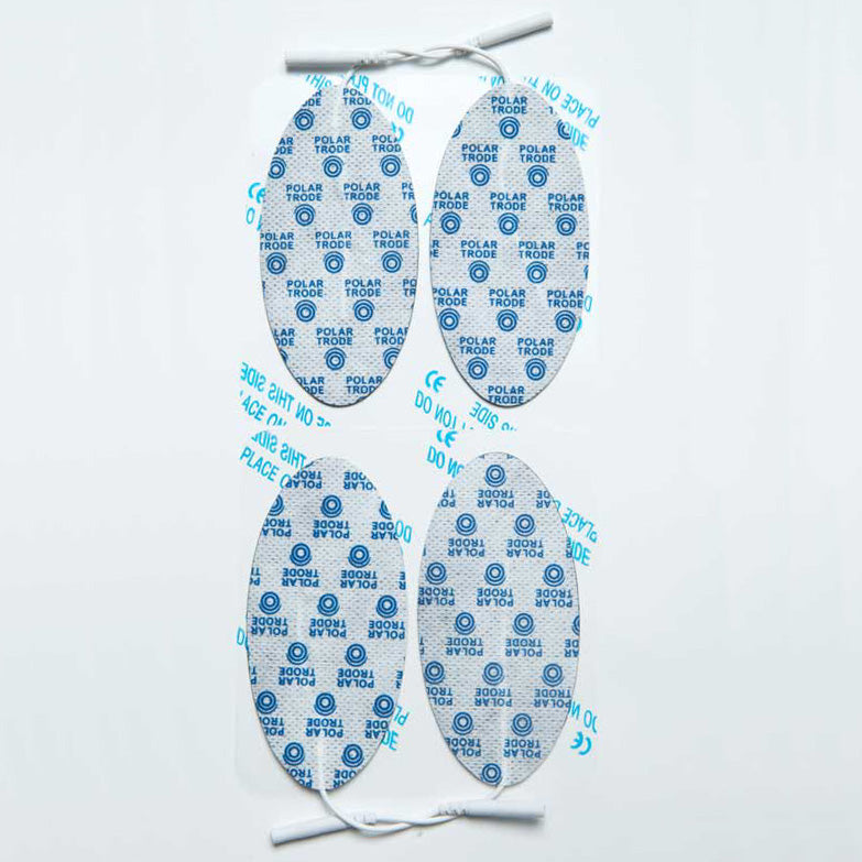 A pack of four white neurostimulation electrodes with blue polarity marks and attached white wires.