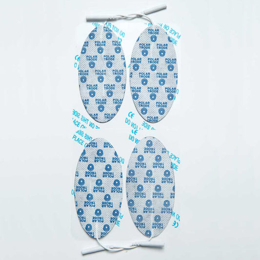 A pack of four white neurostimulation electrodes with blue polarity marks and attached white wires.